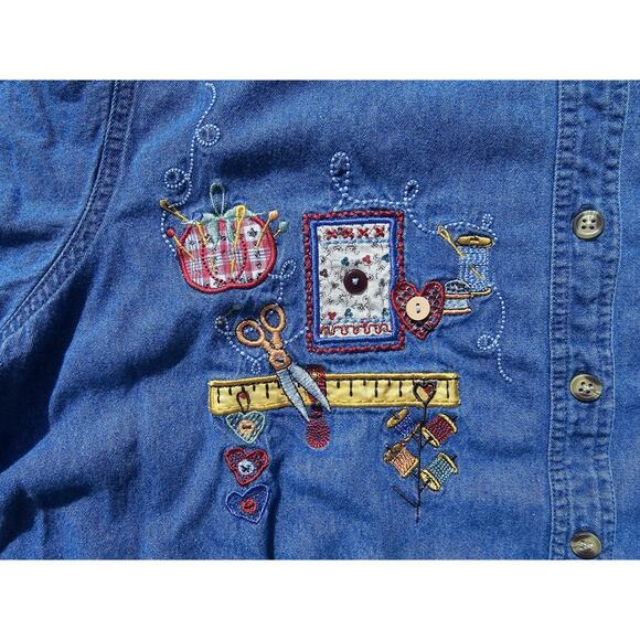 Bobbie Brooks Sz 18W-20W Vintage Shirt Embroidered Sewing Design Denim Button - Picture 3 of 8